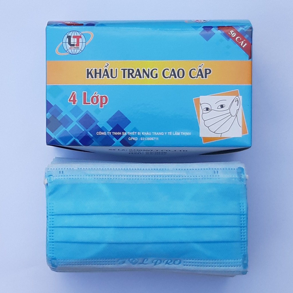 Hộp 50 cái Khẩu trang y tế 4 lớp kháng khuẩn , ngăn ngừa bụi - Màu xanh