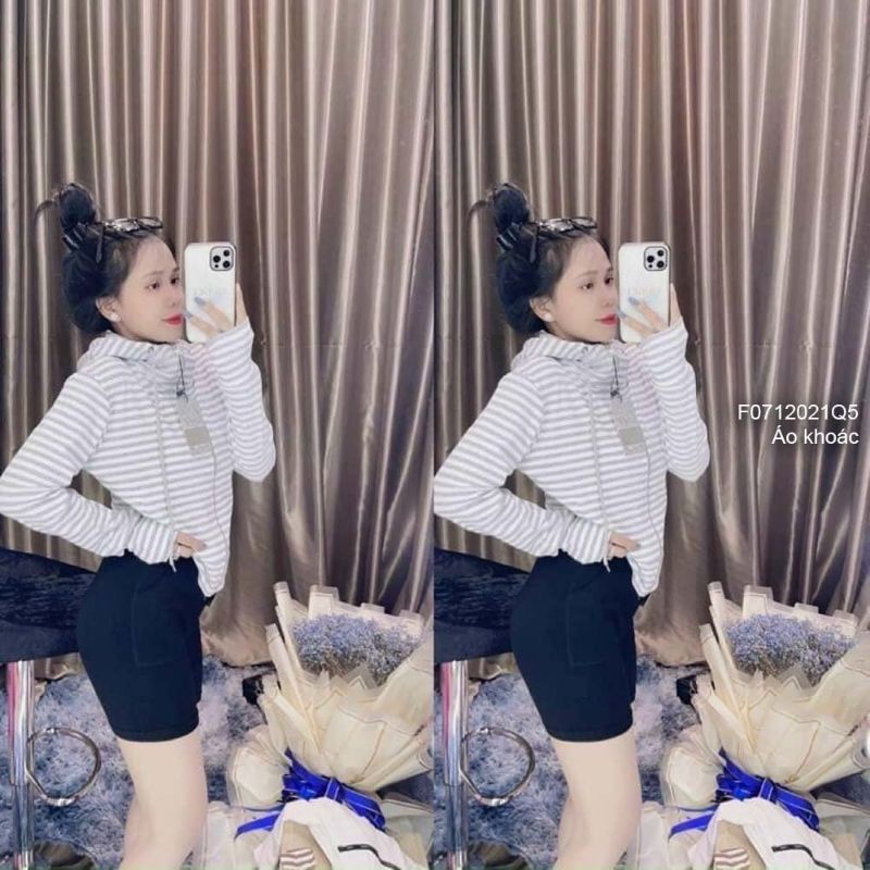Áo khoác thun sọc 4 túi có nón kéo khóa tay dài!0712