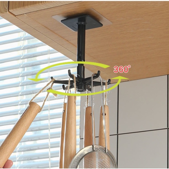 Giá treo 6 móc xoay 360 độ GẤP GỌN mẫu mới, móc treo dụng cụ nhà bếp kiệm diện tích tiện dụng