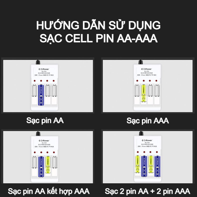 Sạc nhanh 4 ngăn và cell pin NiMH AAA, AA dung lượng 2400 mAh sạc được Ipower