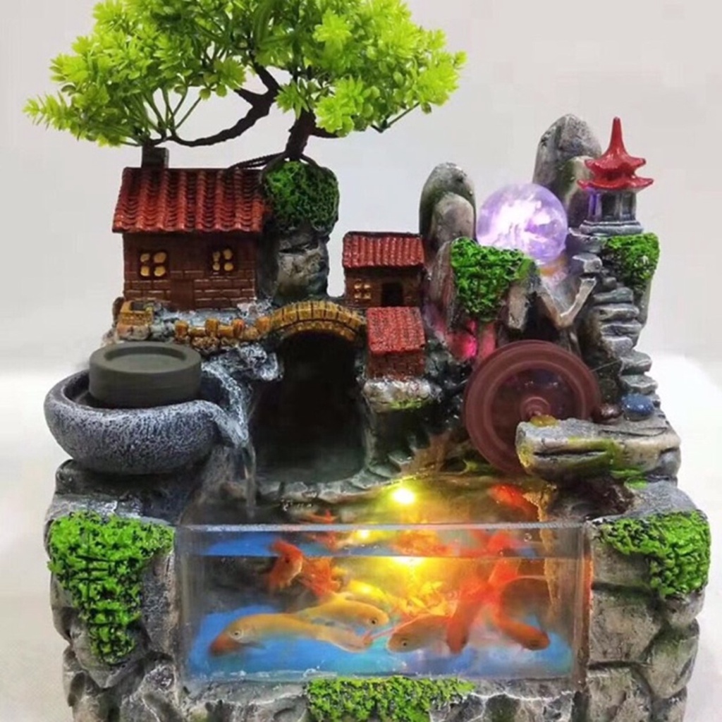 Thác nước phong thuỷ tiểu cảnh Hòn non bộ bể cá + Trọn bộ máy phun sương tạo khói quả cầu thuỷ tinh đổi màu
