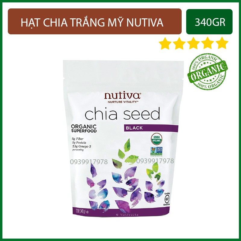 Hạt Chia Mỹ Nutiva Trắng 340gr Chuẩn Organic Giàu Chất Xơ/Canxi/ Omega3