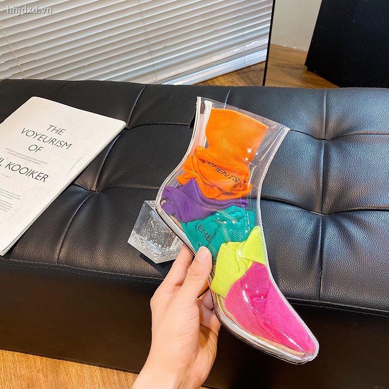 Giày bốt cao gót mũi vuông màu kẹo trong suốt phong cách mùa hè sành điệu cho nữ