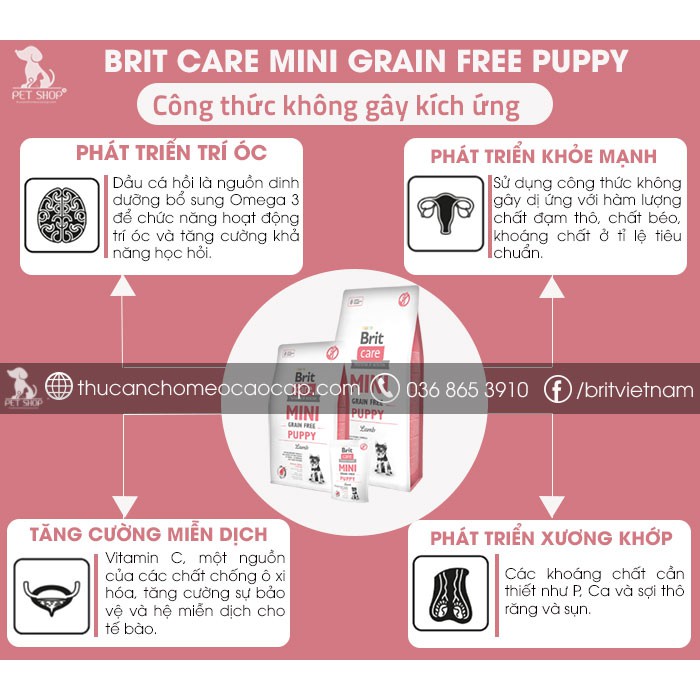 Thức Ăn Cho Chó Bull Pháp Dưới 12 Tháng Tuổi, Chó Mẹ Cho Con Bú - Brit Care Mini Grain Free Puppy