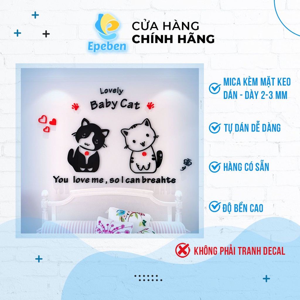 Tranh dán tường mica 3d decor khổ lớn baby cat trang trí mầm non, mẫu giáo, phòng cho bé