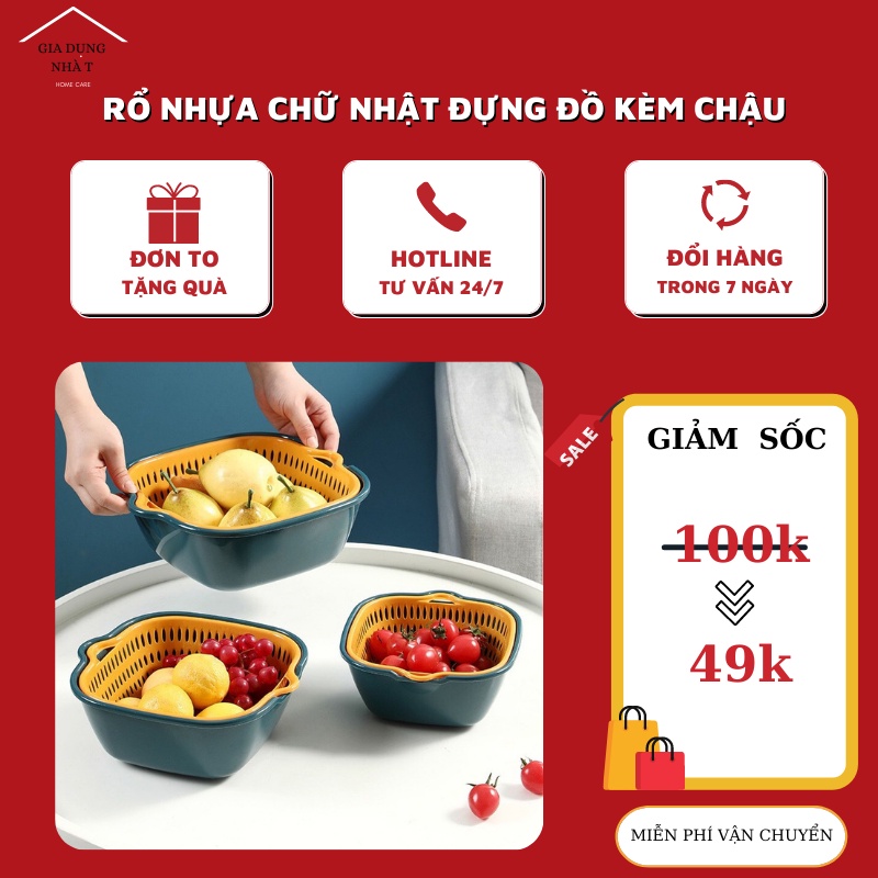 Combo rổ 6 món rổ nhựa 3 rổ và 3 chậu ráo nước cao cấp tiện lợi, sạch sẽ màu cực yêu