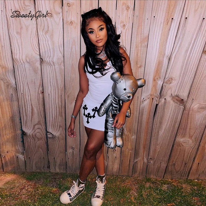 Đầm Mini Không Tay Dáng Ôm In Họa Tiết Hoạt Hình Quyến Rũ Cho Nữ