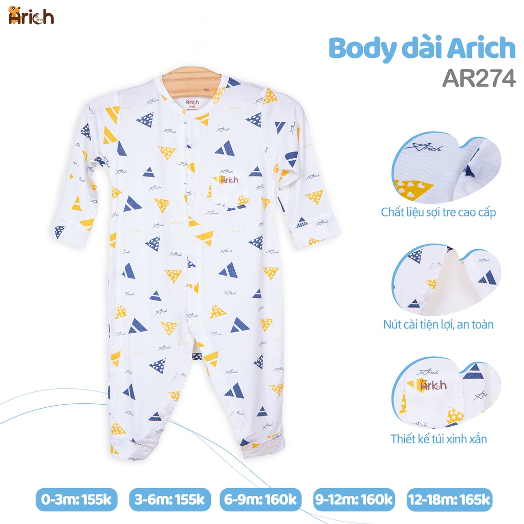 Bộ body dài chất liệu vải sợi tre cao cấp nhà Arich cho bé trai, bé gái sơ sinh đến 18 tháng tuổi