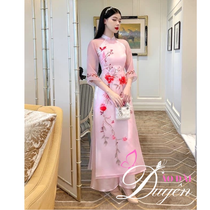 Áo dài cách tân 4 tà họa tiết chim hoa đỏ siêu đẹp hàng cover thiết kế