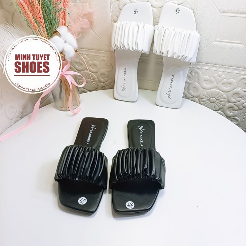 Dép kiểu nữ đế bằng quai ngang nhún nhúm trơn thời trang đế bằng đẹp mới hè 2021 mã DNT MINHTUYETSHOES