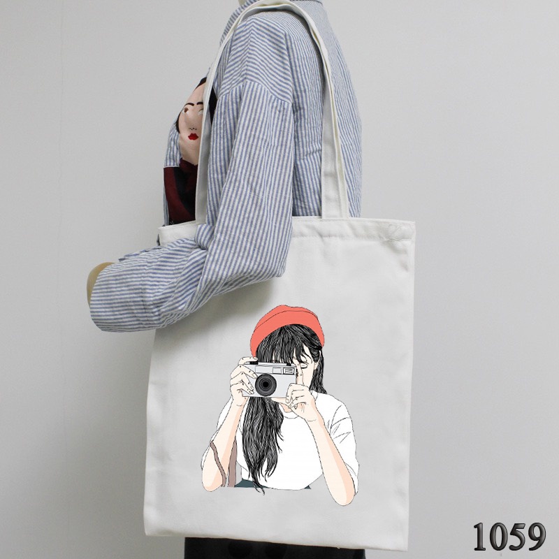 Túi Tote Túi Vải Canvas Kích Cỡ Lớn Đựng Vừa A4 1059 Họa Tiết Girl Photograp Đeo Vai Đi Học Cực Xinh