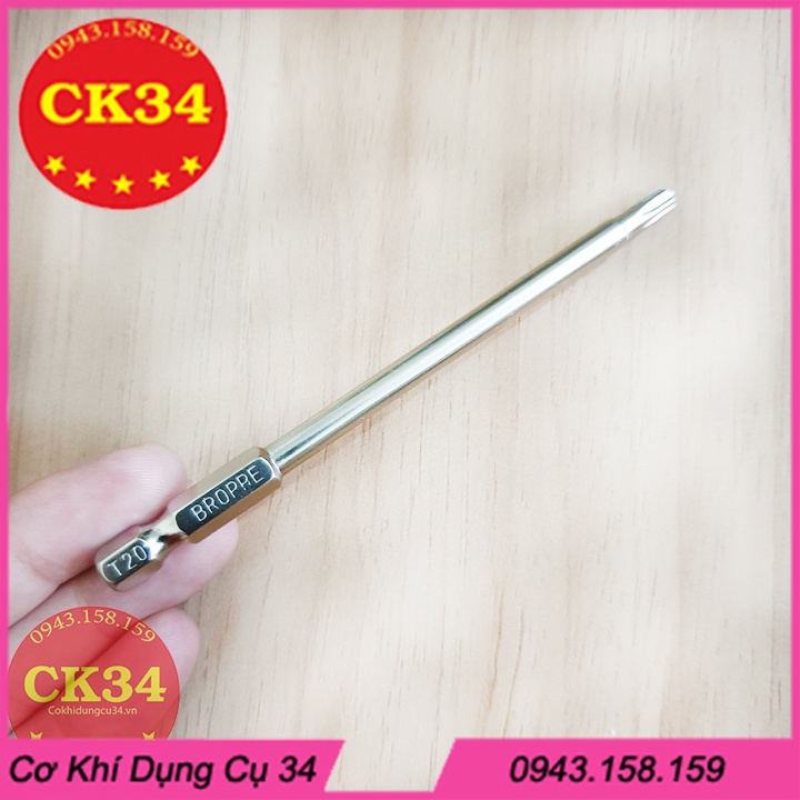 Mũi vít hoa thị có lỗ. Lục giác bông 3 pc cho khoan bắn vít T10, T15, T20 dài 100mm hãng BROPPE