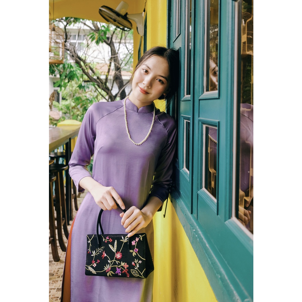 Set Áo Dài Rosemary Lụa Tây tThi Tím Đậm