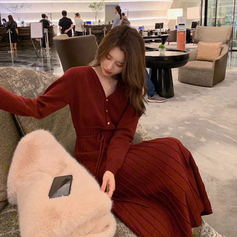 Váy len nữ vintage kiểu Pháp hàng đẹp(Order)-Sẵn S Đỏ | BigBuy360 - bigbuy360.vn