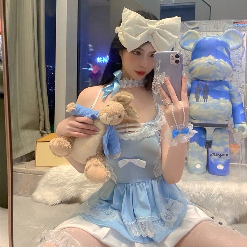 LL2451+QR1390 Sexy Maid-Set Hầu Gái Viền Ren Xanh Ngọc | Cosplay Sexy | BigBuy360 - bigbuy360.vn