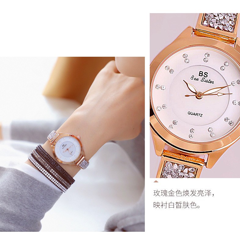 Đồng hồ nữ chính hãng, đồng hồ nữ dây kim loại BEE SISTER chính hãng, đính đá lấp lánh, phong cách Hàn Quốc cao cấp