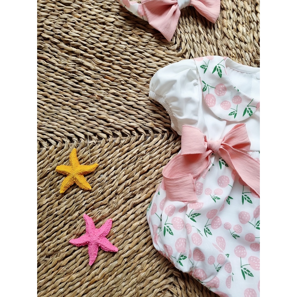 Body cherry sơ sinh bé gái Màu trắng cherry hồng Size sơ sinh đầy tháng đến thôi nôi Tặng kèm nơ Nina Kids Boutique