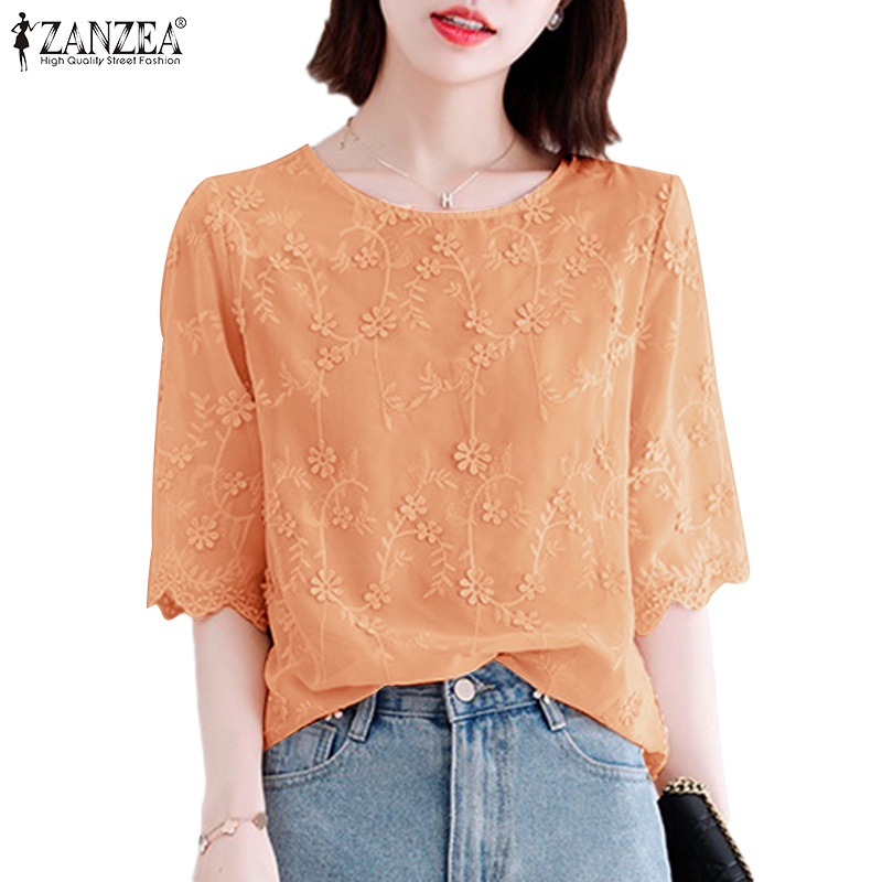 Zanzea Áo Thun Nữ Ngắn Tay Cổ Tròn Thêu Hoa Thời Trang