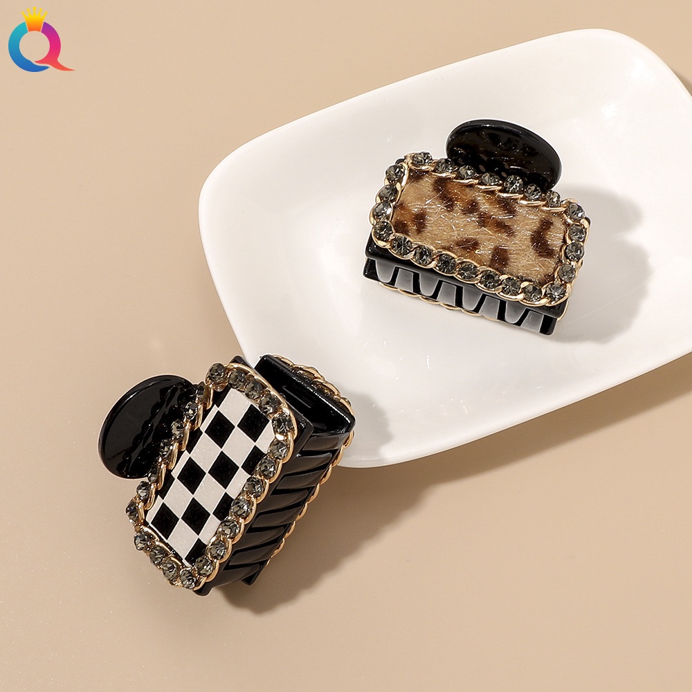 Kẹp bấu tóc nhựa đính đá họa tiết da báo/ caro phong cách retro thời trang Hàn Quốc