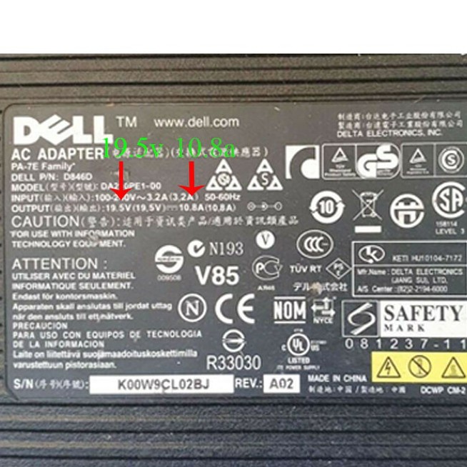 Sạc pin laptop Dell 19.5 10.8a 210w bh 3 tháng
