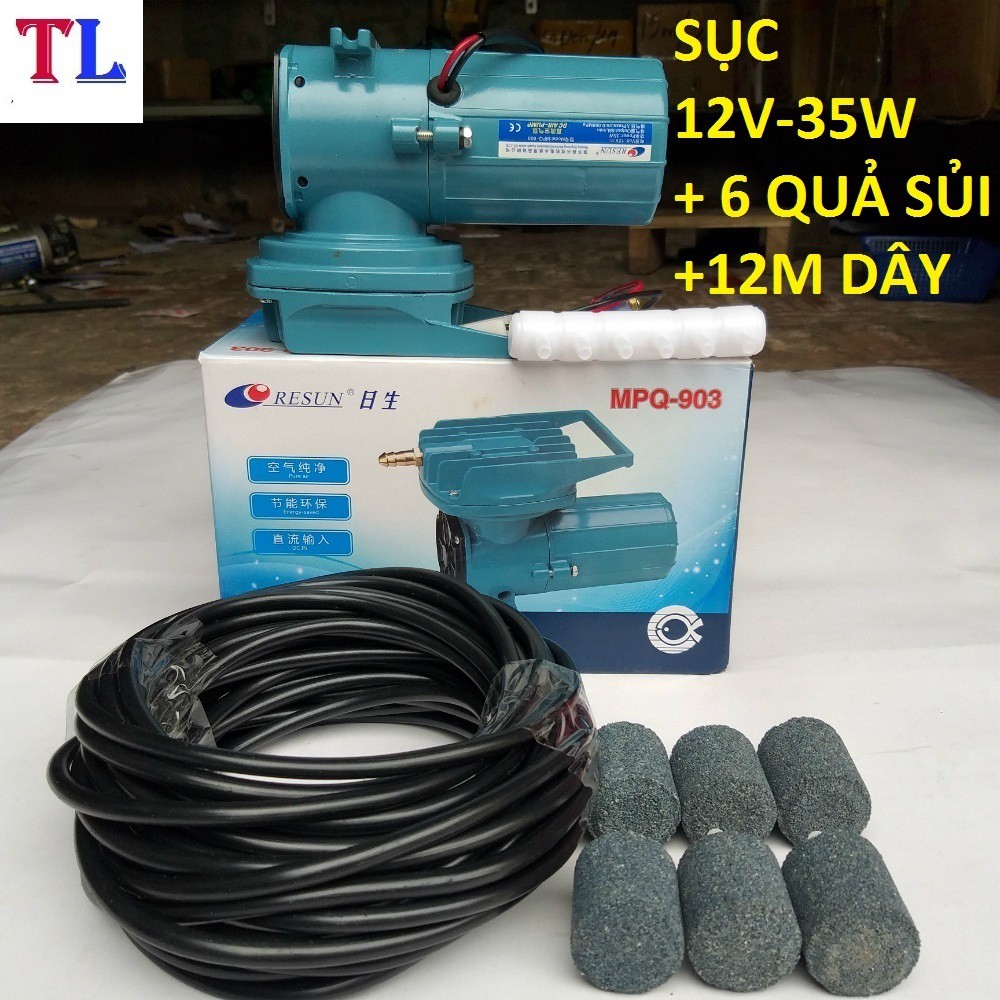 combo máy sủi tạo khí oxy bể cá - máy sục hồ cá 12v_35w + 12m dây + 6 quả sủi