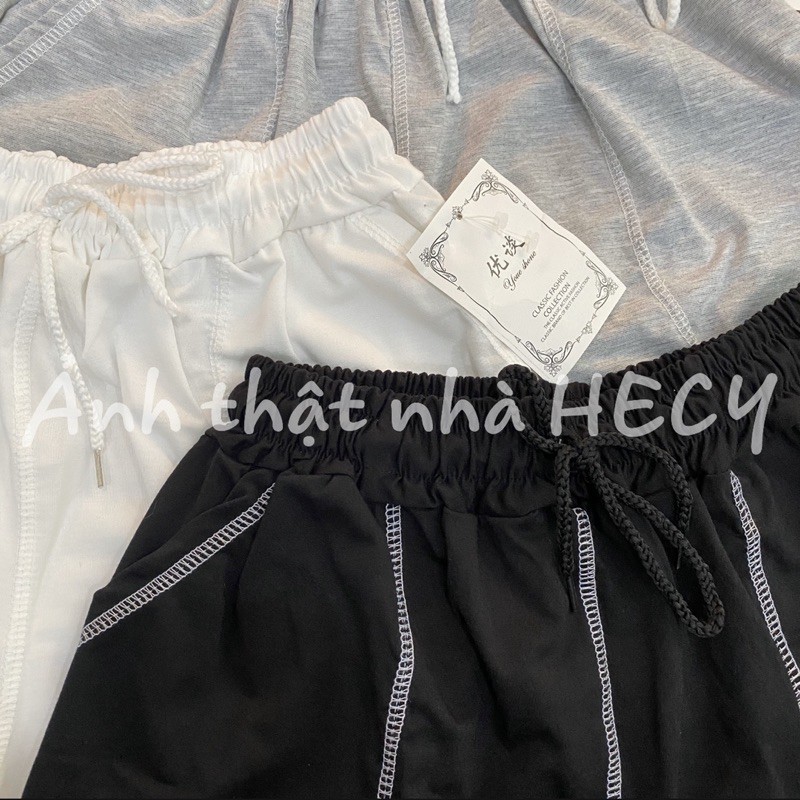 Quần Đùi Short Viền Kẻ Nổi - Hecy.Clothing [FREESHIP] - Shorts mặc ở nhà, sooc ngủ cạp chun trơn màu basic Ulzzang HO