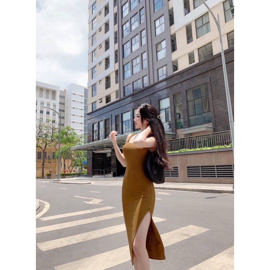 Đầm hai dây bản to xẻ tà, váy body tôn dáng chất thun co giãn thoải mái thích hợp mặc đi chơi, đi làm, đi tiệc