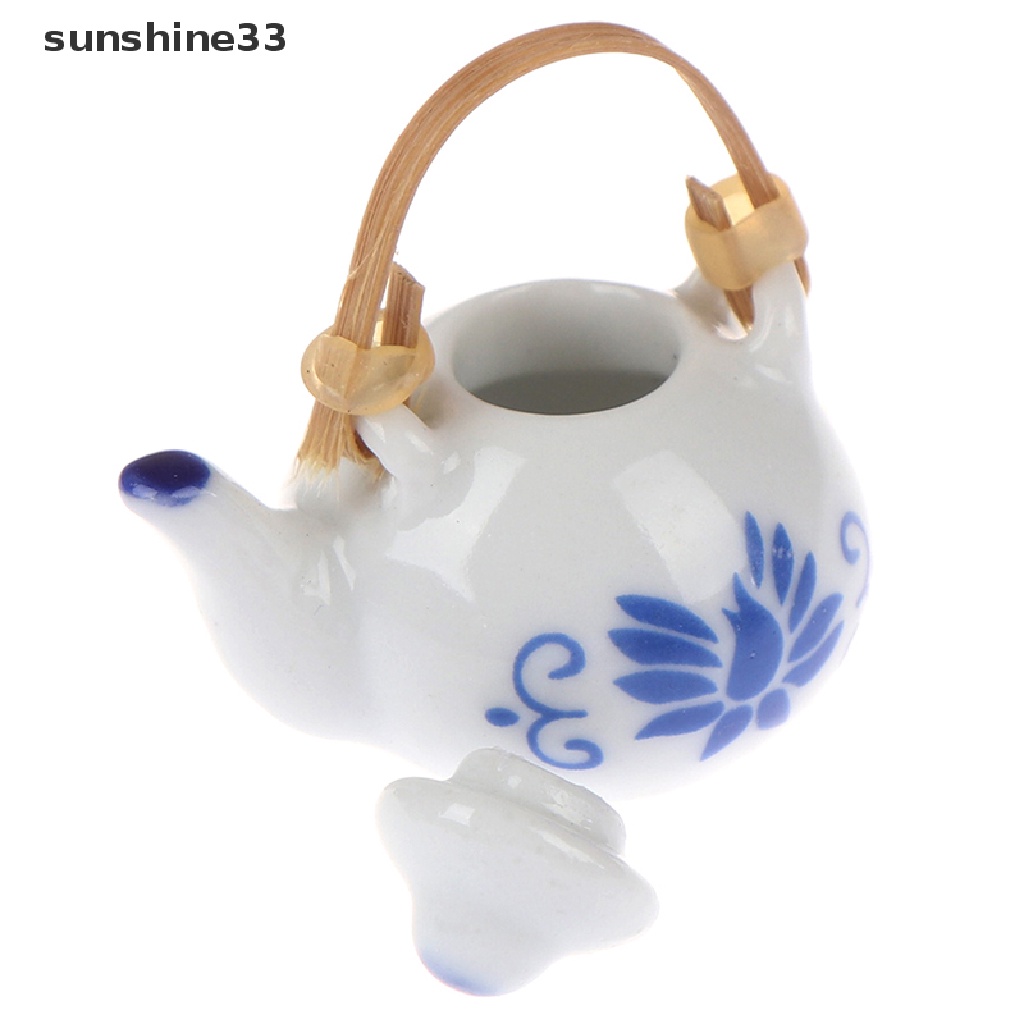 Set 6 món mô hình đĩa bình tách trà gốm xanh lam gợn sóng cho nhà búp bê