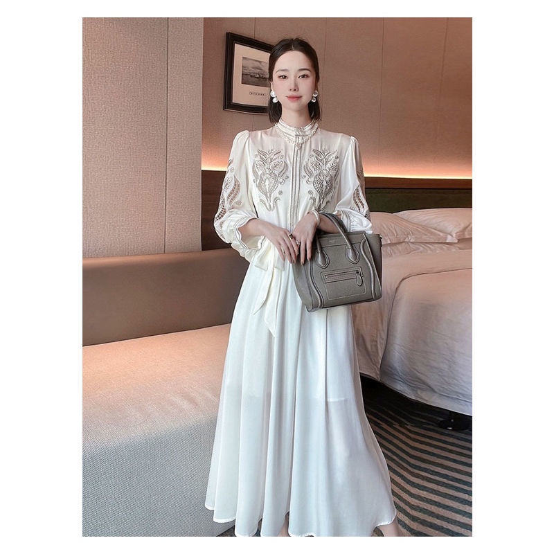 Đầm Công Chúa Giả Lụa Cổ Đứng Tay Phồng Thêu Họa Tiết Thời Trang Mùa Hè Cho Nữ