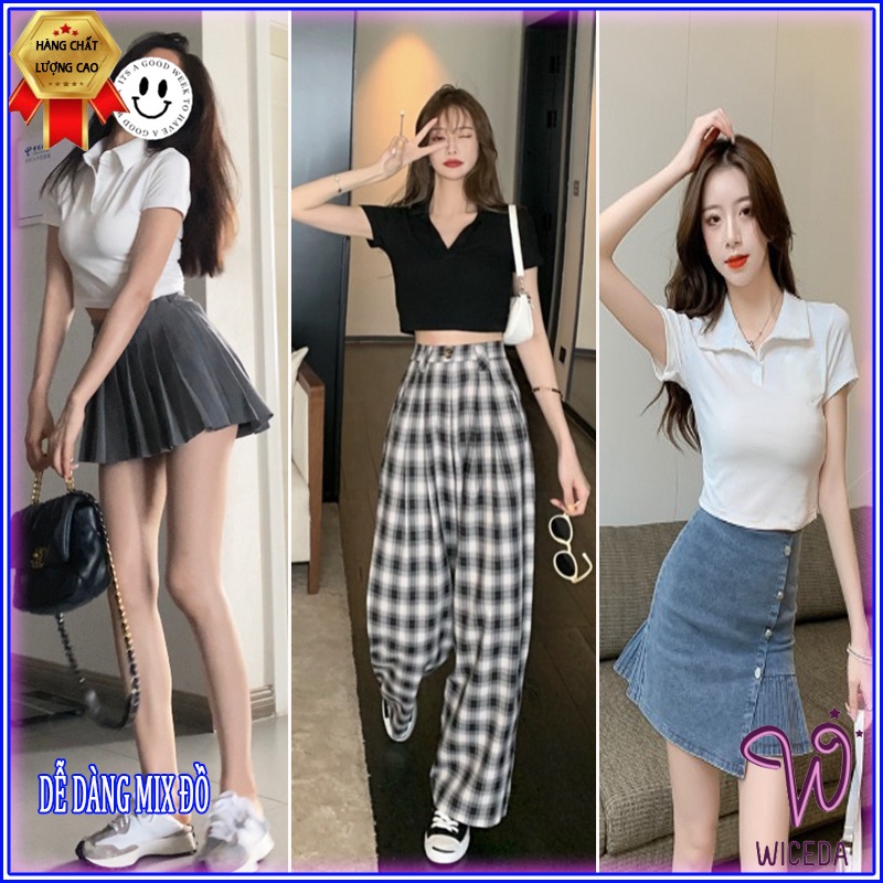 Áo polo croptop nữ 100% cotton mềm mịn,thoáng mát 2 màu đen trắng free size dưới 50kg Wiceda  Ct482