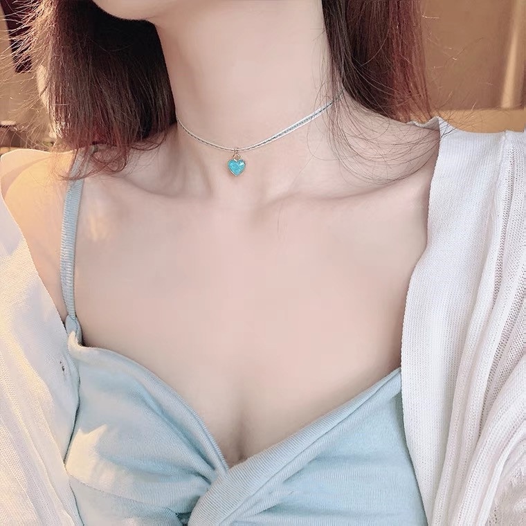 Vòng cổ Ngắn Mặt Trái Tim Màu Xanh Dương