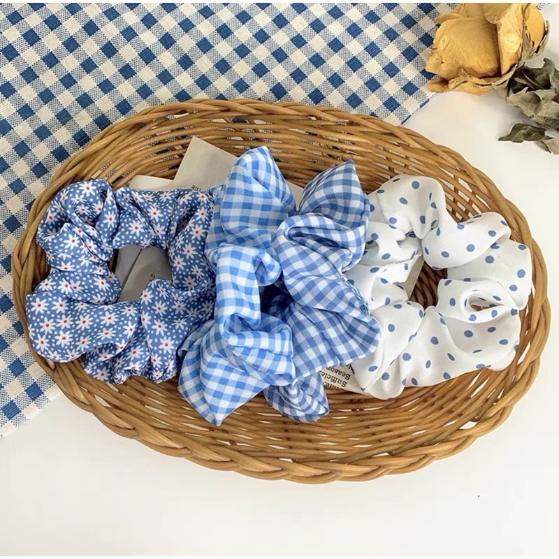 Dây buộc tóc, cột tóc vải scrunchies phong cách vintage hoạ tiết xanh dương