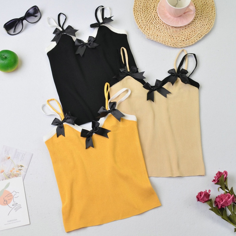 Áo Hai Dây Dệt Kim Ôm Dáng Phối Hai Màu Đính Nơ Cho Nữ YOUYO