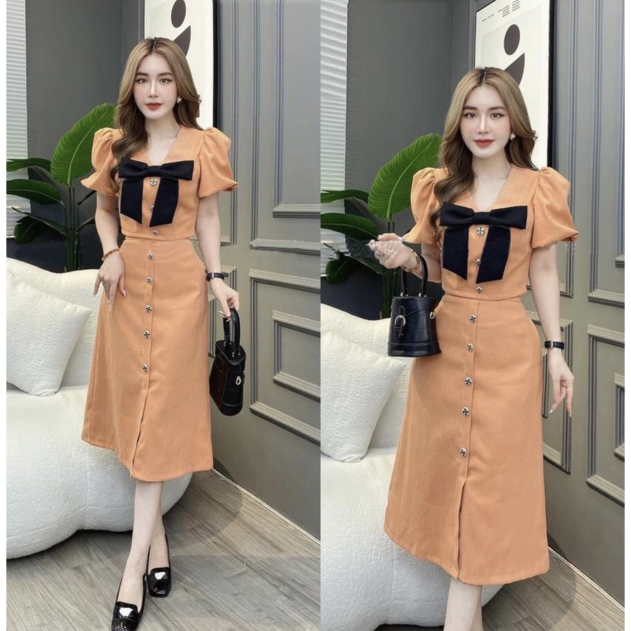 SÉT SƠ MI NƠ NGỰC KÈM CHÂN VÁY NÚT TRƯỚC XẺ DÁNG DÀI