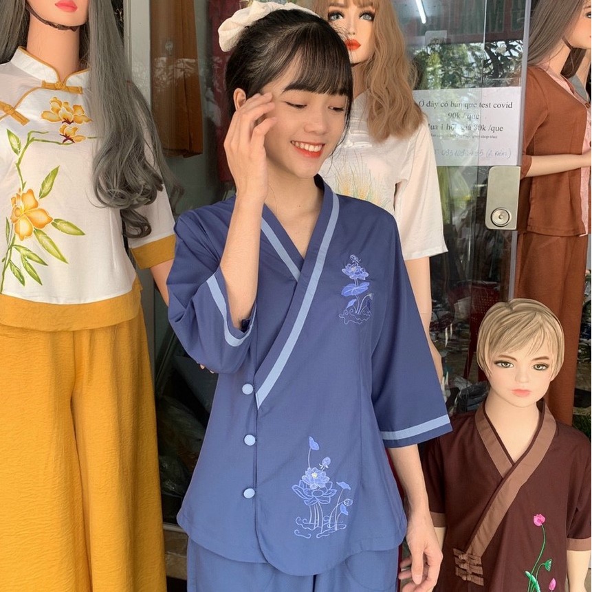 Quần Áo nữ Phật Tử, đồ lam Đi Chùa mẫu TIM VIỀN mã ĐY26