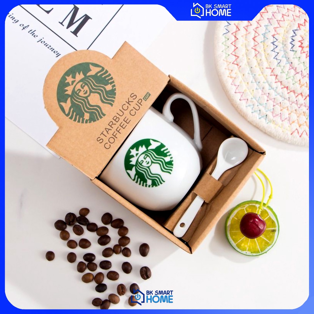 Cốc sứ uống nước Starbucks kèm thìa cao cấp - Ly uống nước Starbucks làm từ sứ cao cấp - Ly sứ trắng kèm muỗng