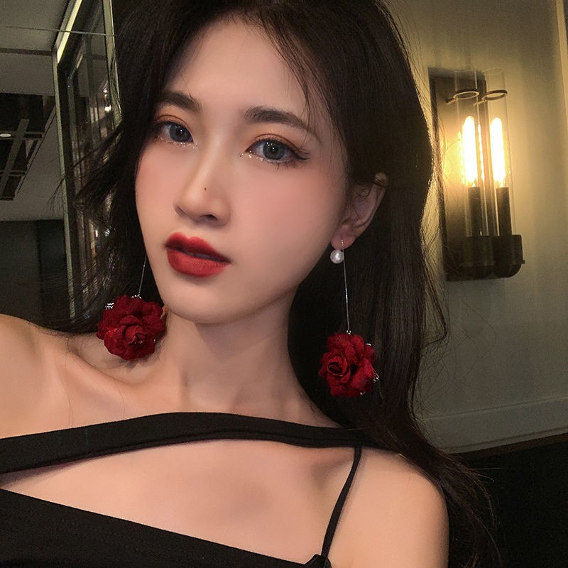 Hoa Tai Dáng Dài Hình Hoa Hồng Đỏ Đen Thời Trang 2020