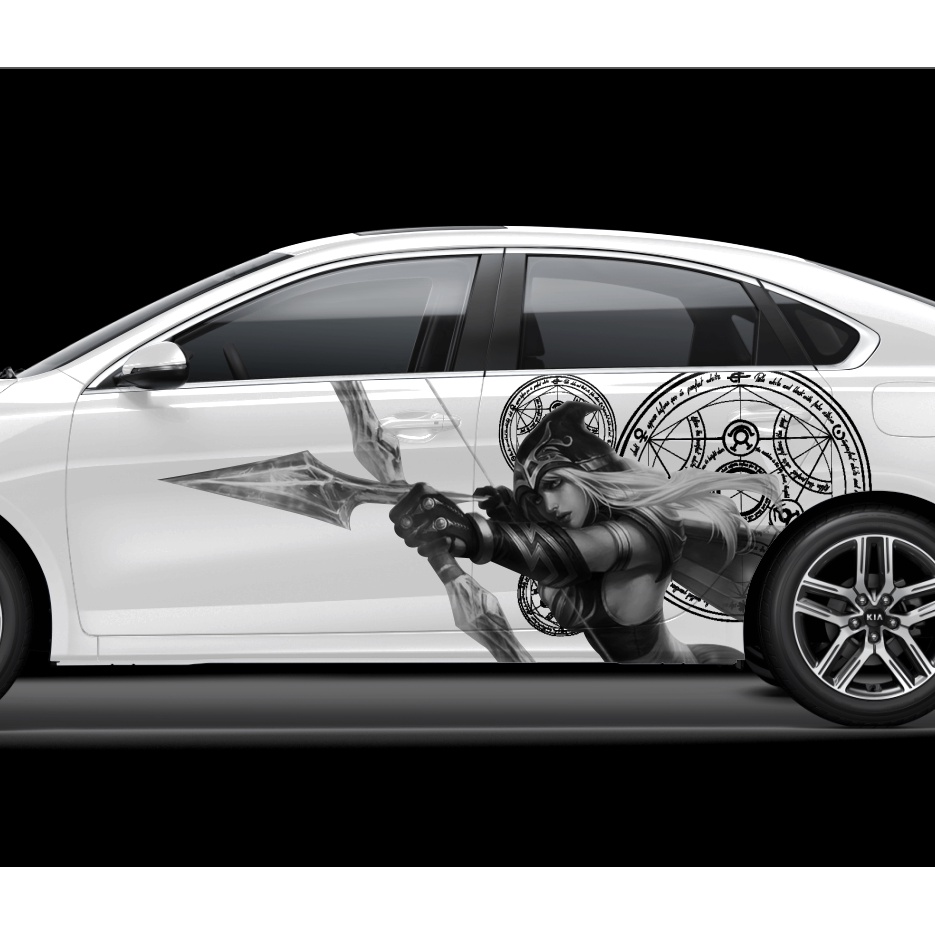 Tem xe Ashe bắn cung dán xe ô tô sáng màu 1 bộ 2 bên