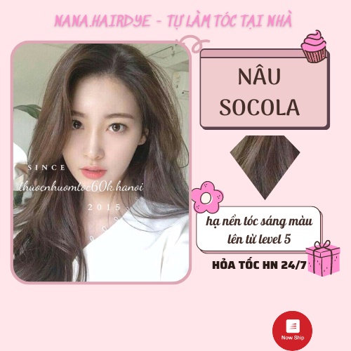 Thuốc nhuộm tóc màu NÂU SOCOLA/NÂU CHOCO/NÂU CHOCOLATE của thuocnhuomtoc60k.hanoi kèm oxy trợ nhuộm và găng tay nilon