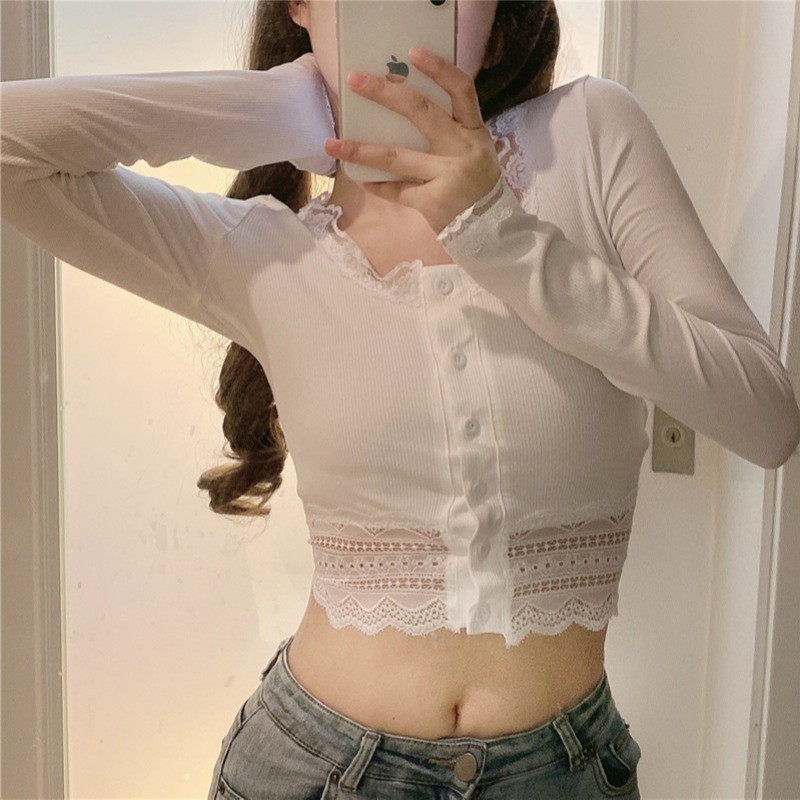 10/Áo thun ren cổ vuông croptop mới mỏng-vừa vặn bó sát dài tay