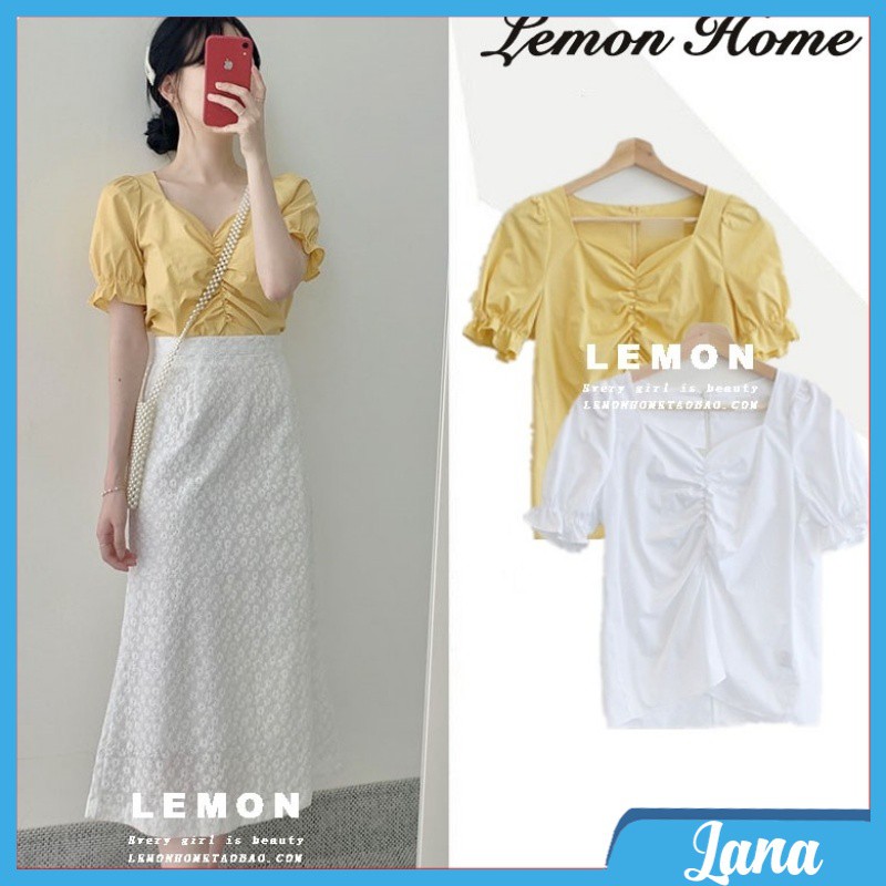 Áo kiểu nữ LaNa dáng croptop cổ tim vát, tay bồng nhún ngực ôm dáng phong cách Ulzzang Hàn Quốc C43