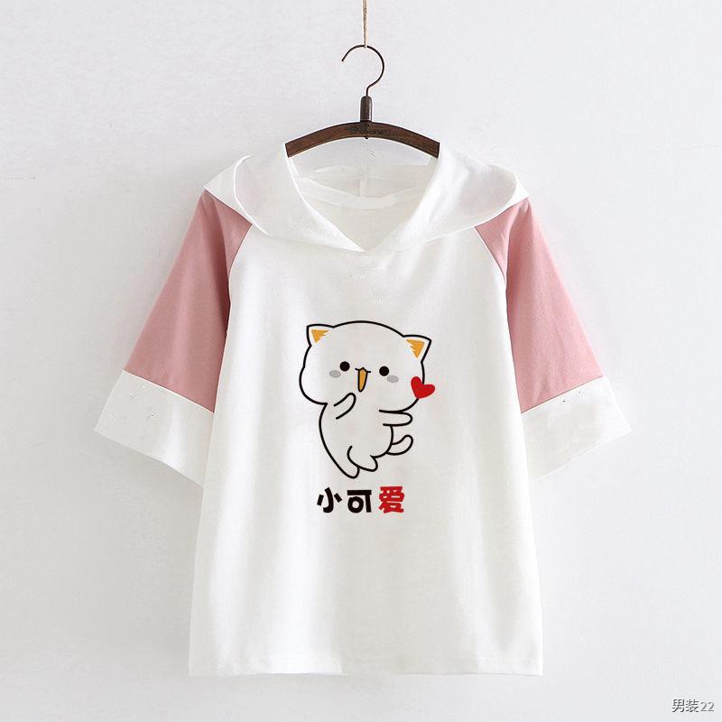 Cotton Nhật Bản Mori Girl Mùa hè Váy in hình dễ thương Áo phông ngắn tay có mũ Cô gái mềm mại Cô gái dễ thương Áo phông