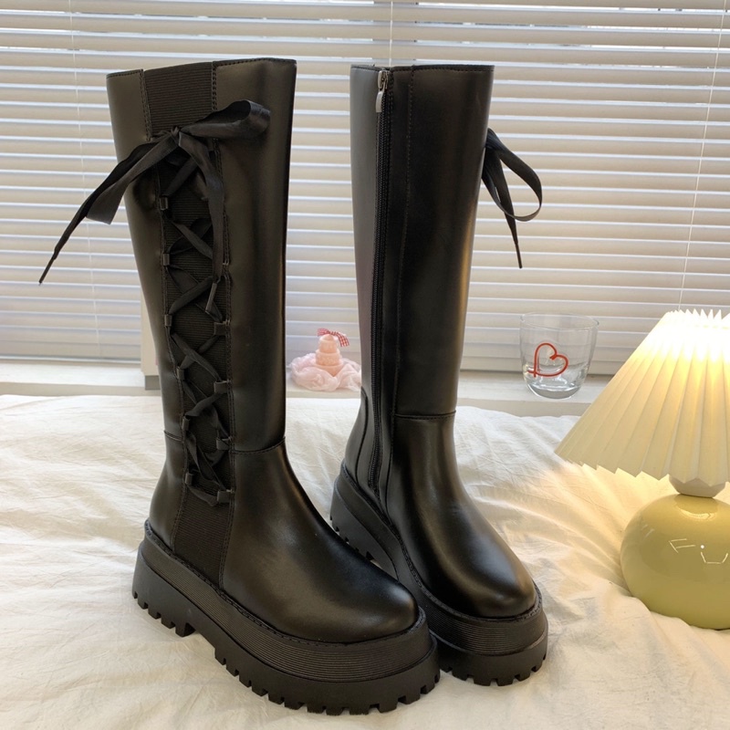 Boot đùi nữ đế bánh mì phối viền chun kết hợp dây nơ xinh xắn