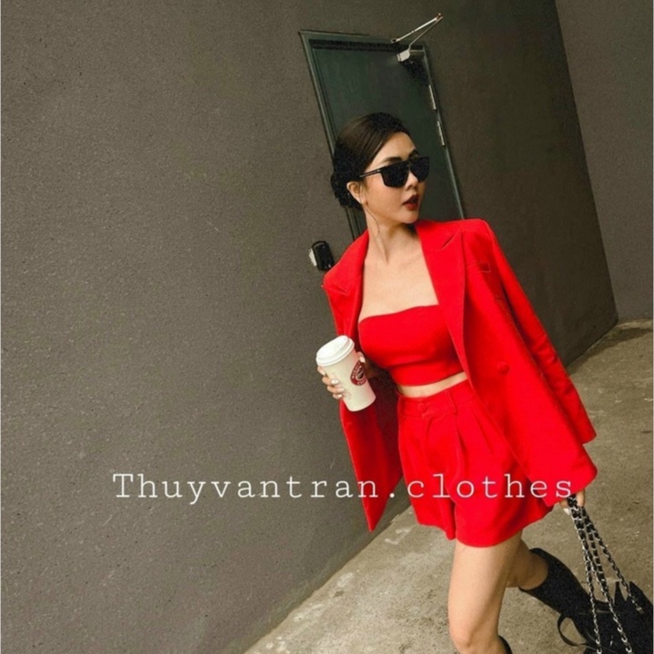 Set vest đùi 3 món áo cúc ngực kèm quần short áo khoác cực trẻ trung cá tính cho nàng đi chơi dự tiệc