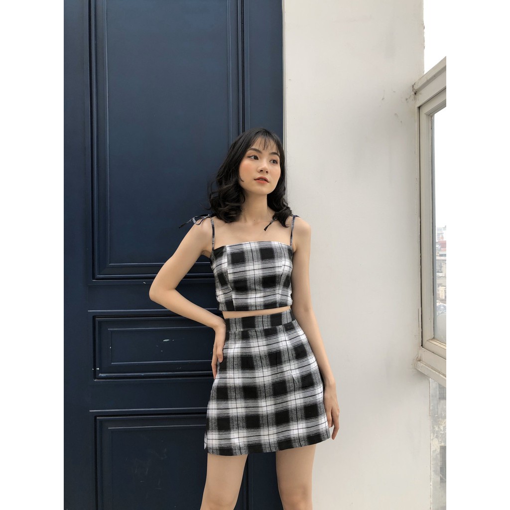 (có đệm ngực) SET ÁO CROPTOP 2 DÂY CARO THẮT NƠ MIX CHÂN VÁY KẺ CHỮ A ULZZANG -(Sắn)