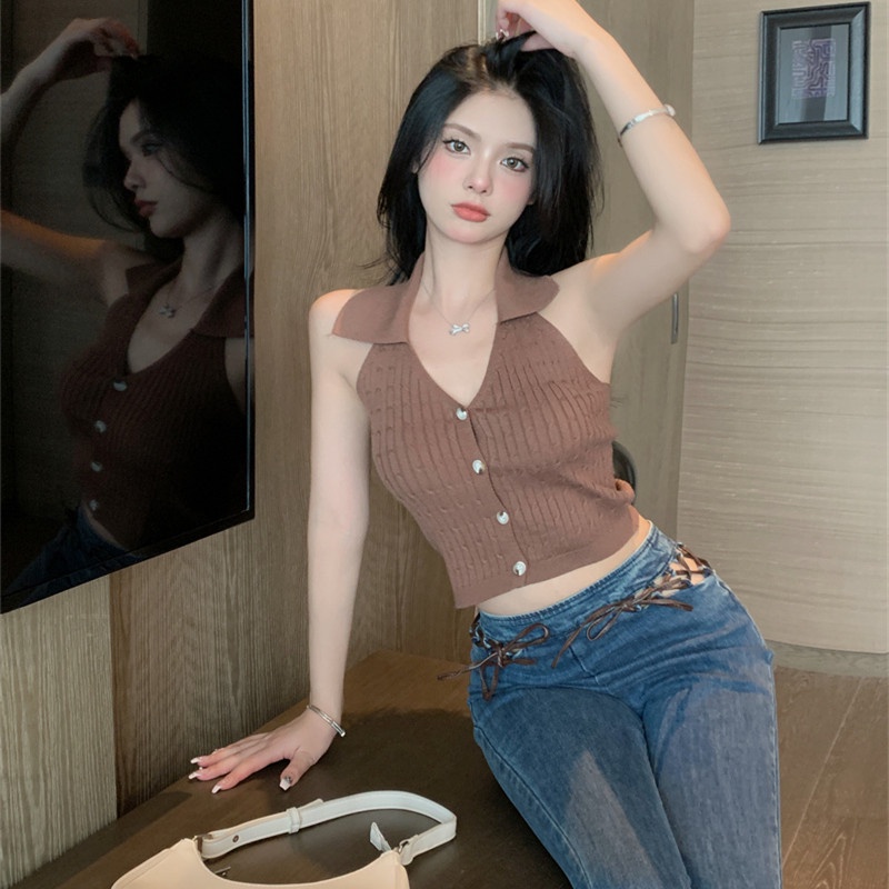 Áo Hai Dây Dệt Kim Cổ Chữ V Thời Trang Mùa Hè Quyến Rũ