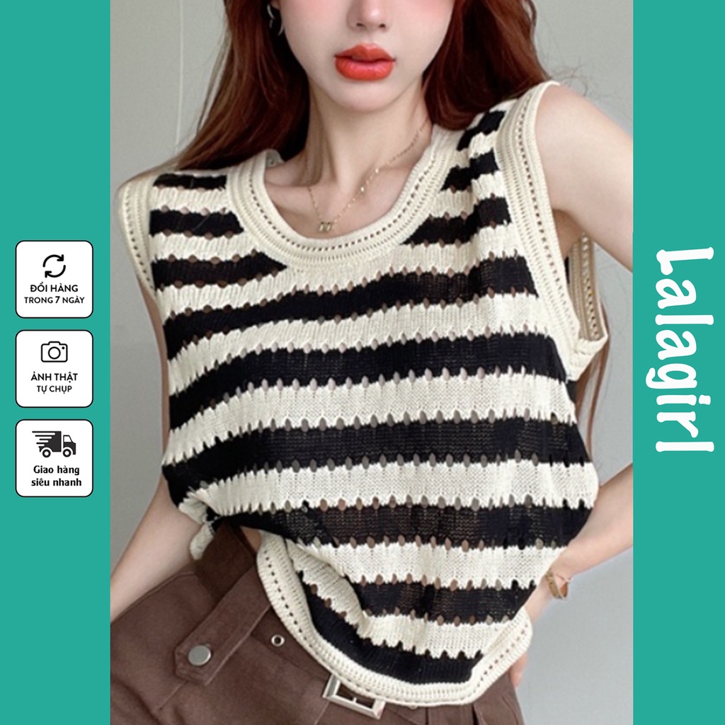 Áo Len Mỏng Ba Lỗ Tanktop Kẻ Nữ Cổ Tròn Kiểu Hàn Quốc Form Rộng Bigsize [HQT]