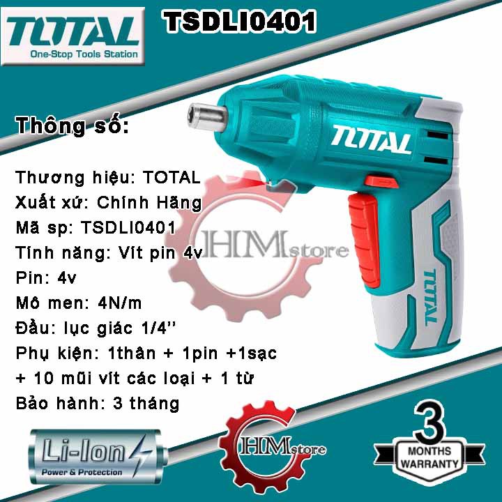 [Chính hãng] Máy vặn vít dùng pin 4V TOTAL TSDLI0401 - Mát siết ốc vít TOTAL 4V