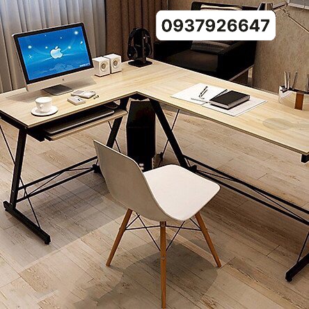 bàn làm việc máy tính chữ L chân sắt thiết kế chéo hiện đại