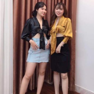 Áo crop top đắp chéo kiểu sơ mi thắt nơ lưng